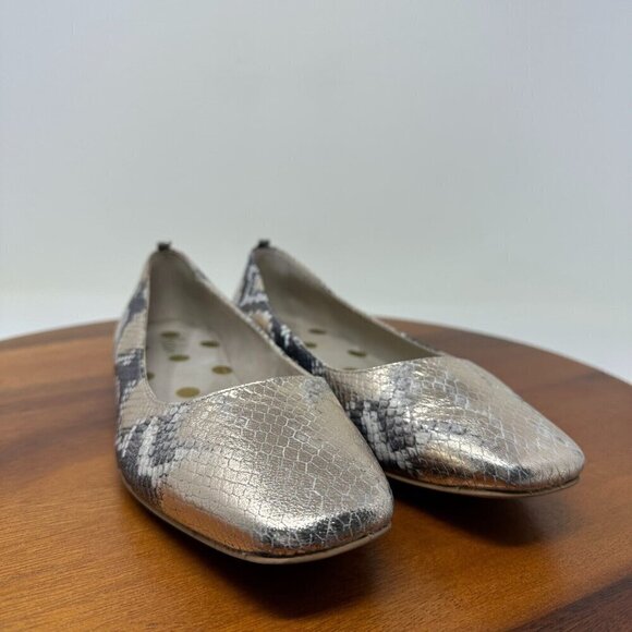 Boden Flats Olive Ballerinas Shoes Sz 38 Metallic Snake print Square toe - Picture 2 of 14